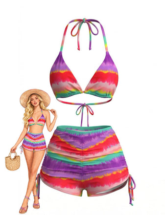 Rainbow 1980s Striped Backless Halter Bikini & High-Waist Shorts - vintage fashion, retro style