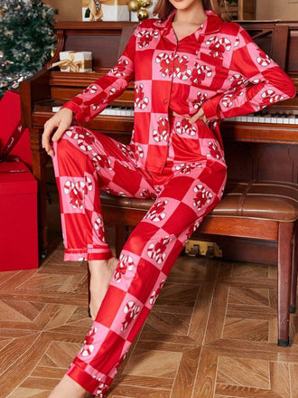Red 1980s Christmas Checkerboard Candy Cane Pajama Set - vintage fashion, retro style, elegant red