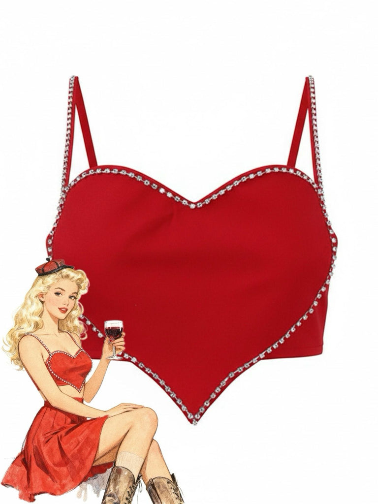 Red 1980s Valentine’s Day Heart-Shaped Rhinestone Crop Top - vintage fashion, retro style, elegant red