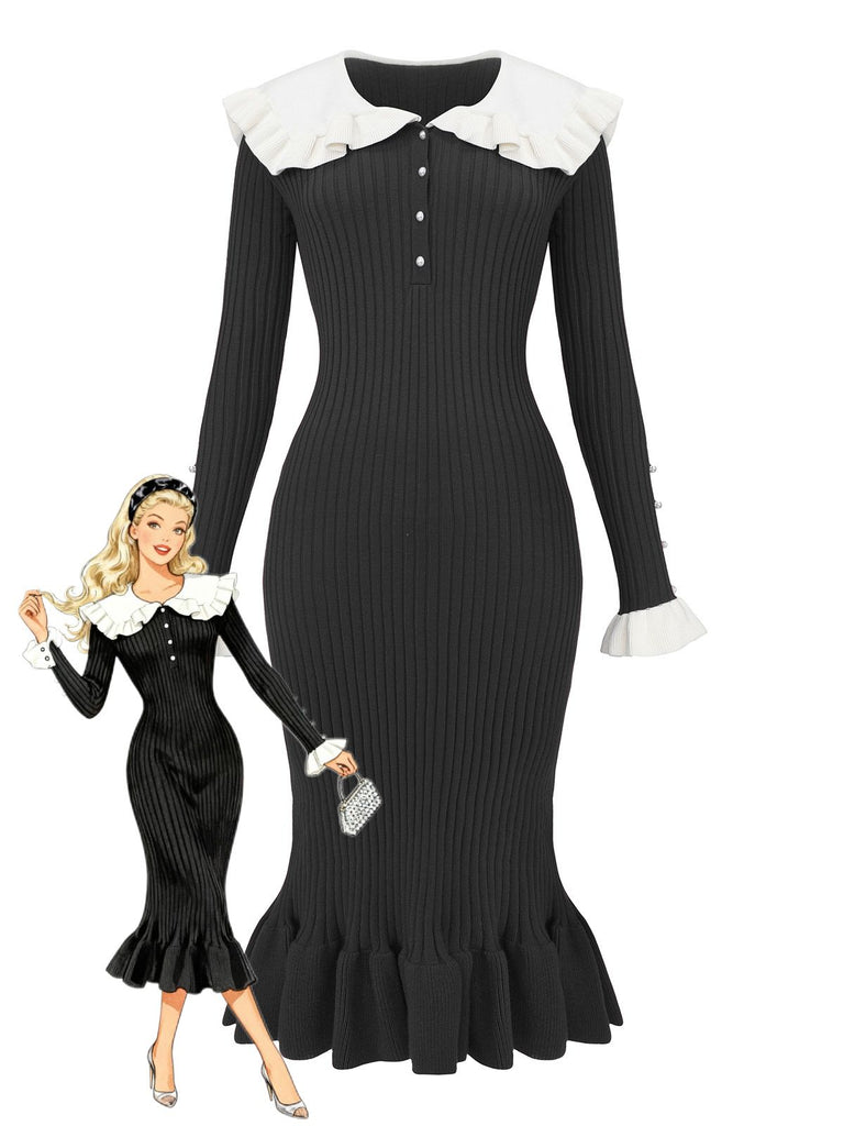 1980s Ribbed Ruffled Collar Midi Dress - vintage dress, retro fashion