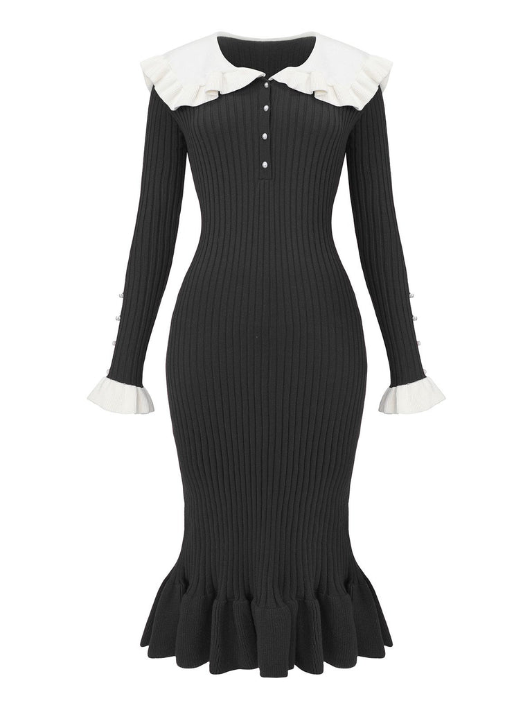 1980s Ribbed Ruffled Collar Midi Dress - vintage dress, retro fashion