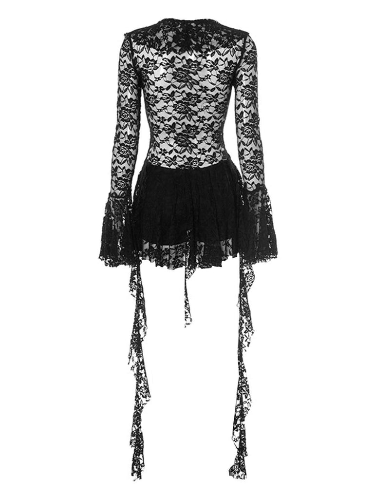 1980s Lace Ribbon Tie Ruffle Bell-Sleeve Romper Dress - vintage dress, retro fashion