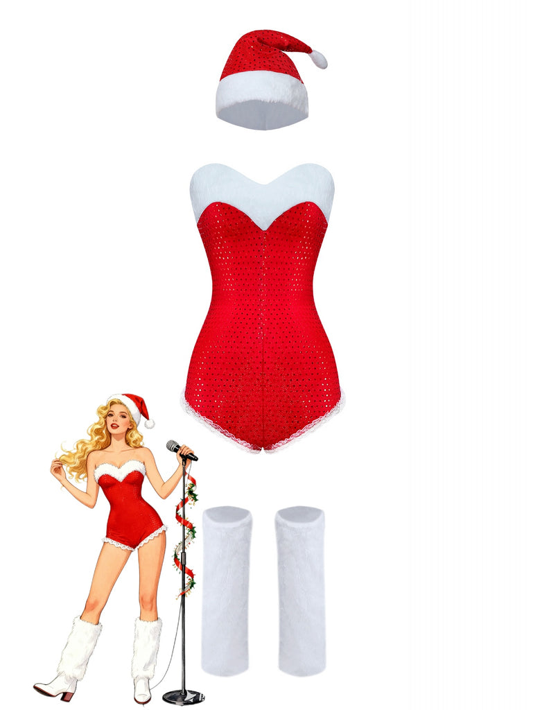 1980s Sequin Christmas Strapless Romper With Hat & Boot Covers - vintage jumpsuit, retro fashion