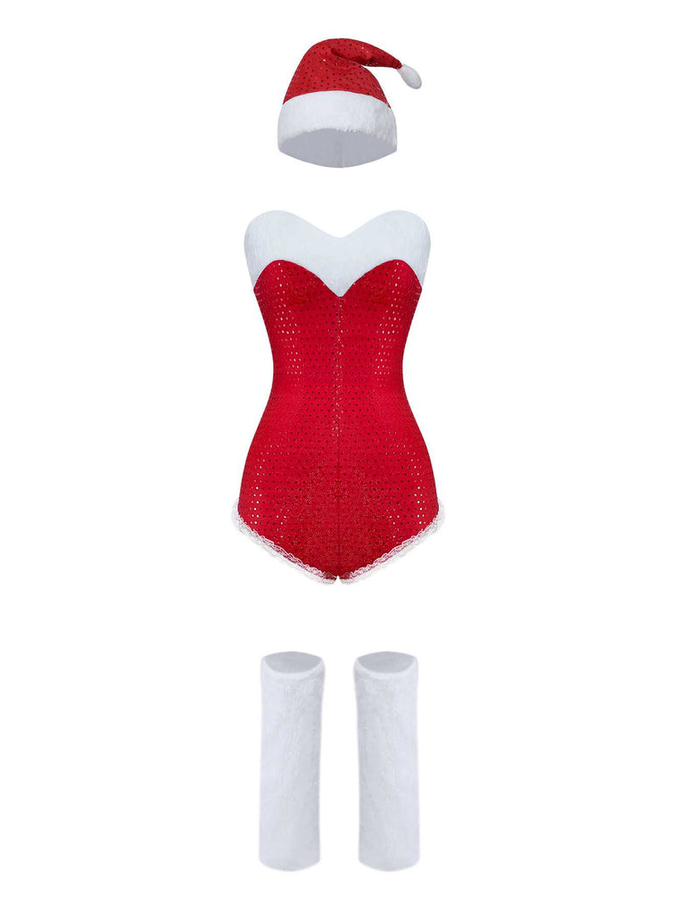 1980s Sequin Christmas Strapless Romper With Hat & Boot Covers - vintage jumpsuit, retro fashion