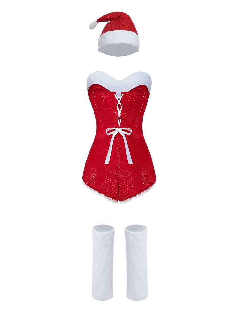 1980s Sequin Christmas Strapless Romper With Hat & Boot Covers - vintage jumpsuit, retro fashion