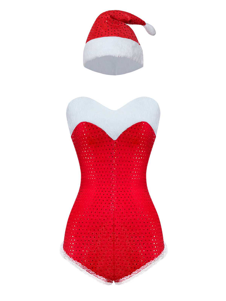 1980s Sequin Christmas Strapless Romper With Hat & Boot Covers - vintage jumpsuit, retro fashion