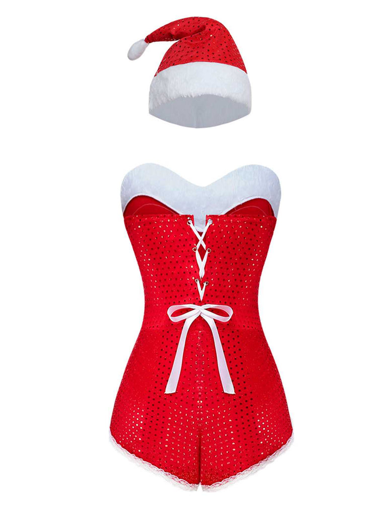 1980s Sequin Christmas Strapless Romper With Hat & Boot Covers - vintage jumpsuit, retro fashion