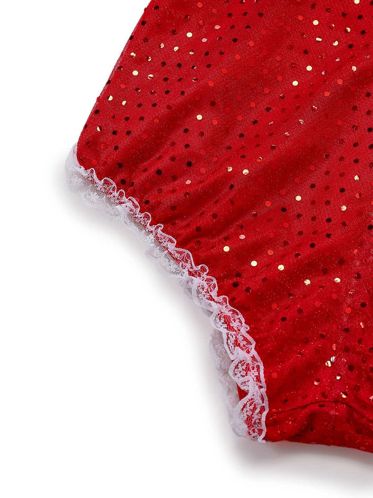 1980s Sequin Christmas Strapless Romper With Hat & Boot Covers - vintage jumpsuit, retro fashion