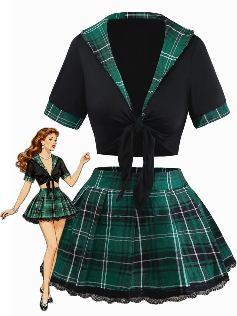 1980s Sexy Lace-Up Plaid Pajama Set - vintage fashion, retro style