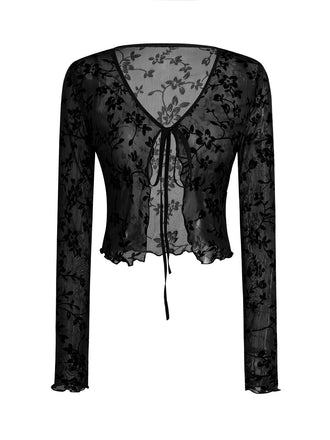 1980s Sheer Botanical Print Lace-Up Cardigan - vintage fashion, retro style