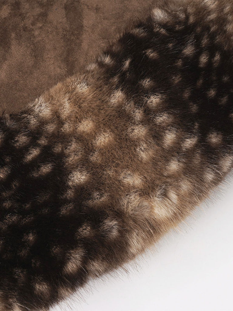 2PCS Brown 1980s Deer Faux Fur-Trimmed Crop Top & Skirt - vintage skirt, retro style