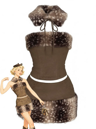 2PCS Brown 1980s Deer Faux Fur-Trimmed Crop Top & Skirt - vintage skirt, retro style