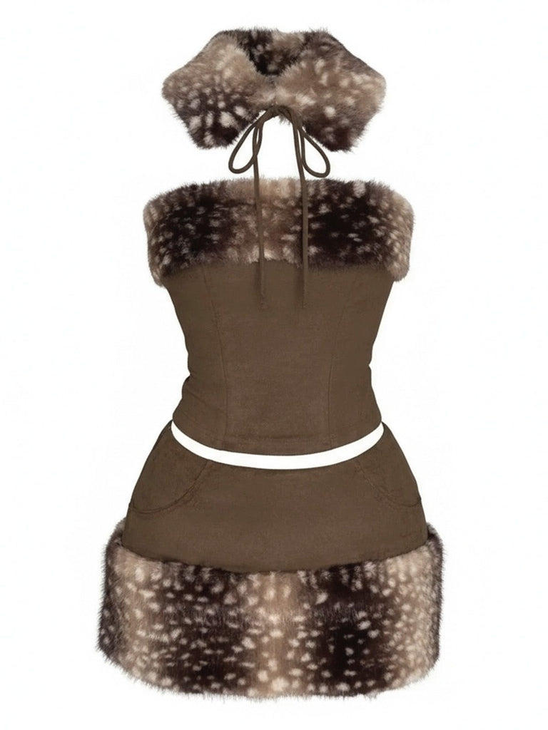 2PCS Brown 1980s Deer Faux Fur-Trimmed Crop Top & Skirt - vintage skirt, retro style