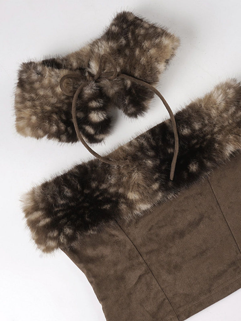 2PCS Brown 1980s Deer Faux Fur-Trimmed Crop Top & Skirt - vintage skirt, retro style