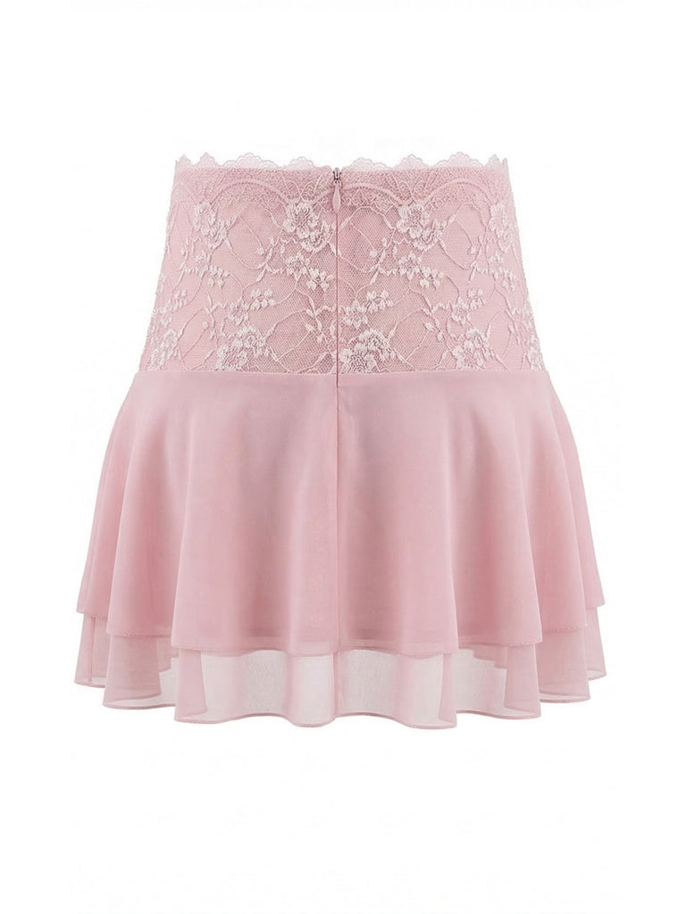 2PCS Dark Pink 1980s Lace Solid Bandeau Top & Embroidered Skirt - vintage skirt, retro style, elegant red