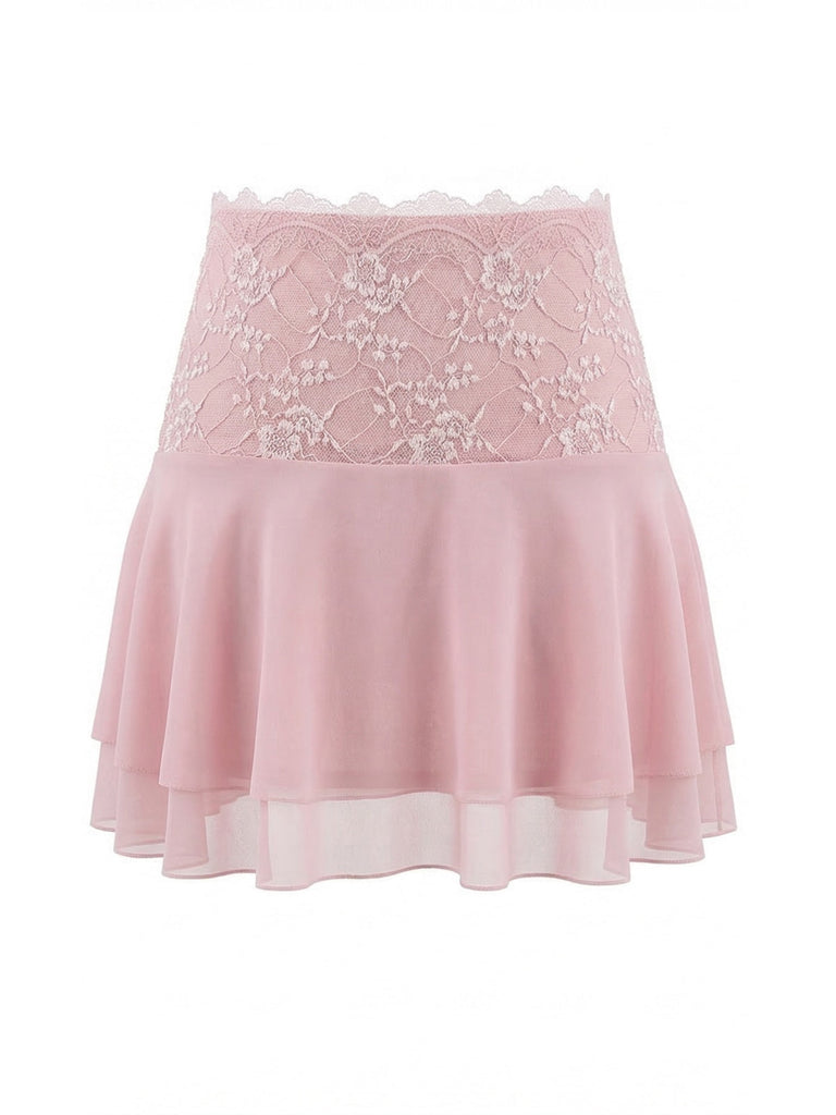 2PCS Dark Pink 1980s Lace Solid Bandeau Top & Embroidered Skirt - vintage skirt, retro style, elegant red