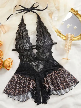 1980s Halter Lace Lingerie with Leopard Print Skirt - vintage skirt, retro style