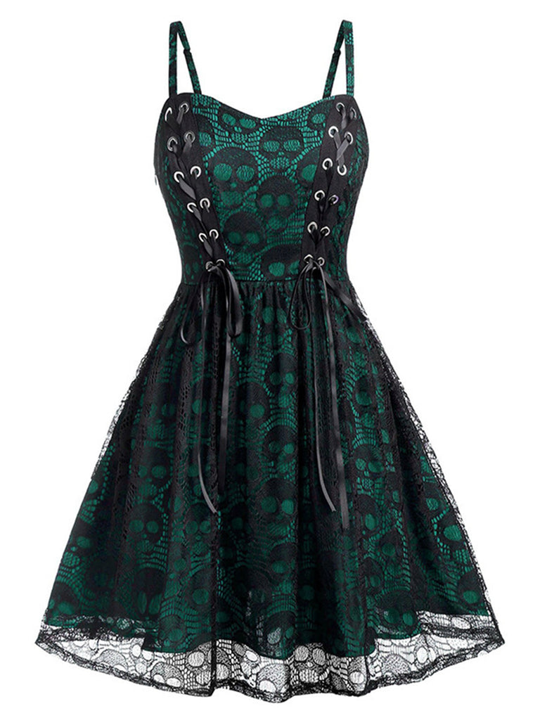 Green 1980s Skull Pattern Gothic Style Dress | Retro Stage Green 1980s Skull Pattern Gothic Style Dress | Retro Stage
