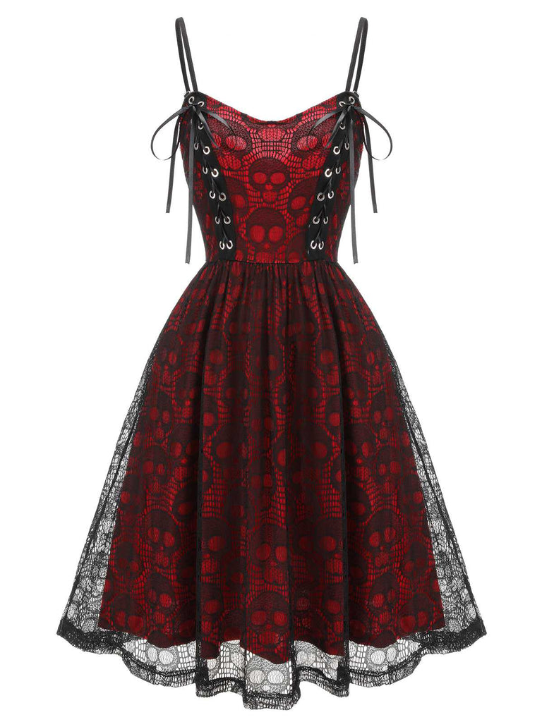 Gothic Skull Pattern Straps Dress Wine Red Gothic Skull Pattern Straps Dress Wine Red