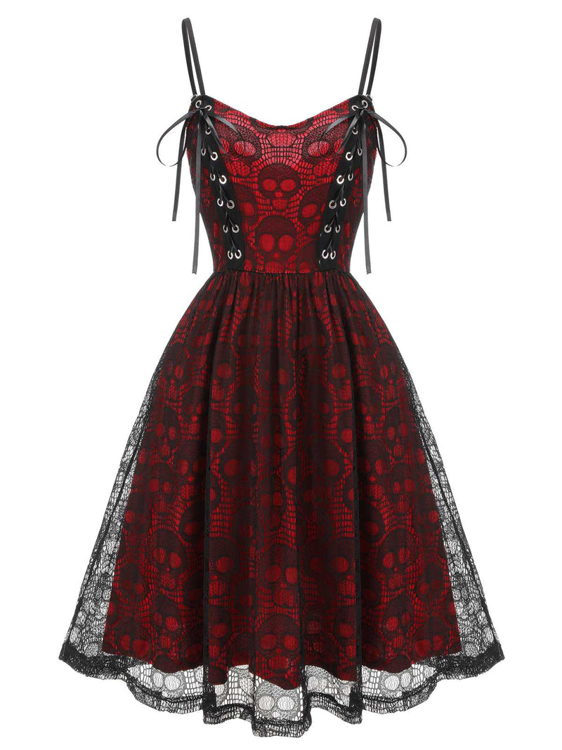 gothic red dress Gothic Skull Pattern Straps Dress Wine Red