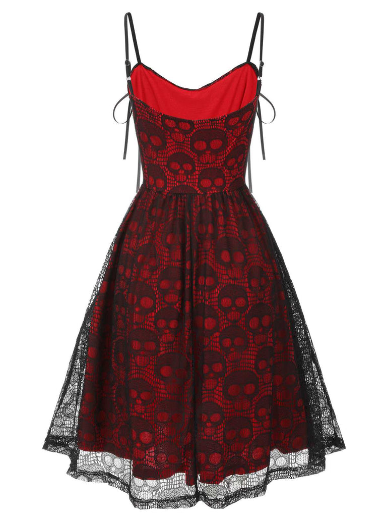 Wine Red 1980s Skull Pattern Gothic Style Dress | Retro Stage Wine Red 1980s Skull Pattern Gothic Style Dress | Retro Stage
