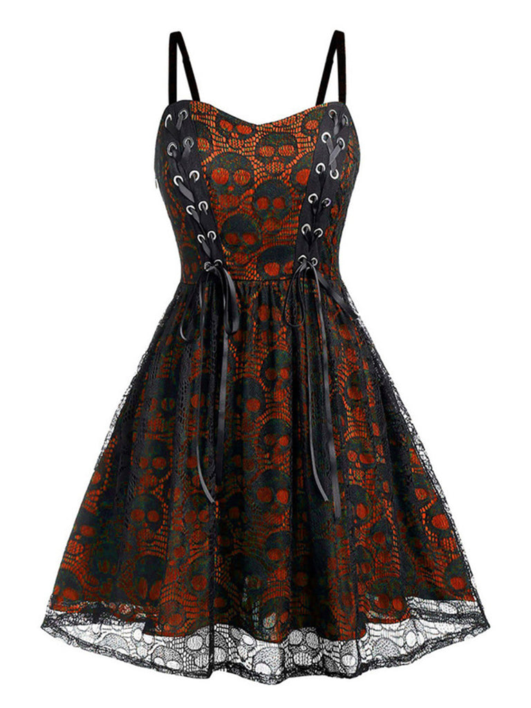 Orange 1980s Skull Pattern Gothic Style Dress | Retro Stage Orange 1980s Skull Pattern Gothic Style Dress | Retro Stage