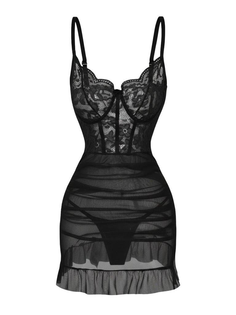 1980s Slip Lace Underwire Sheer Ruffle Nightgown - vintage nightgown, retro sleepwear