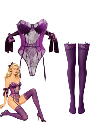 1980s Solid Bow Tie Bodysuit Pajama With Stockings Set - vintage fashion, retro style