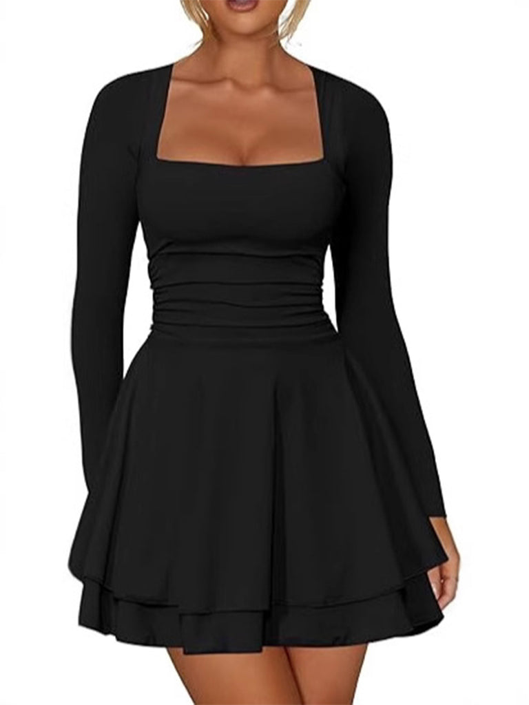 1980s Solid Fitted Square Neck Long Sleeve Dress