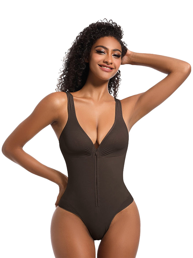 1980s Solid Front Zipper Shapwear Bodysuit - vintage fashion, retro style
