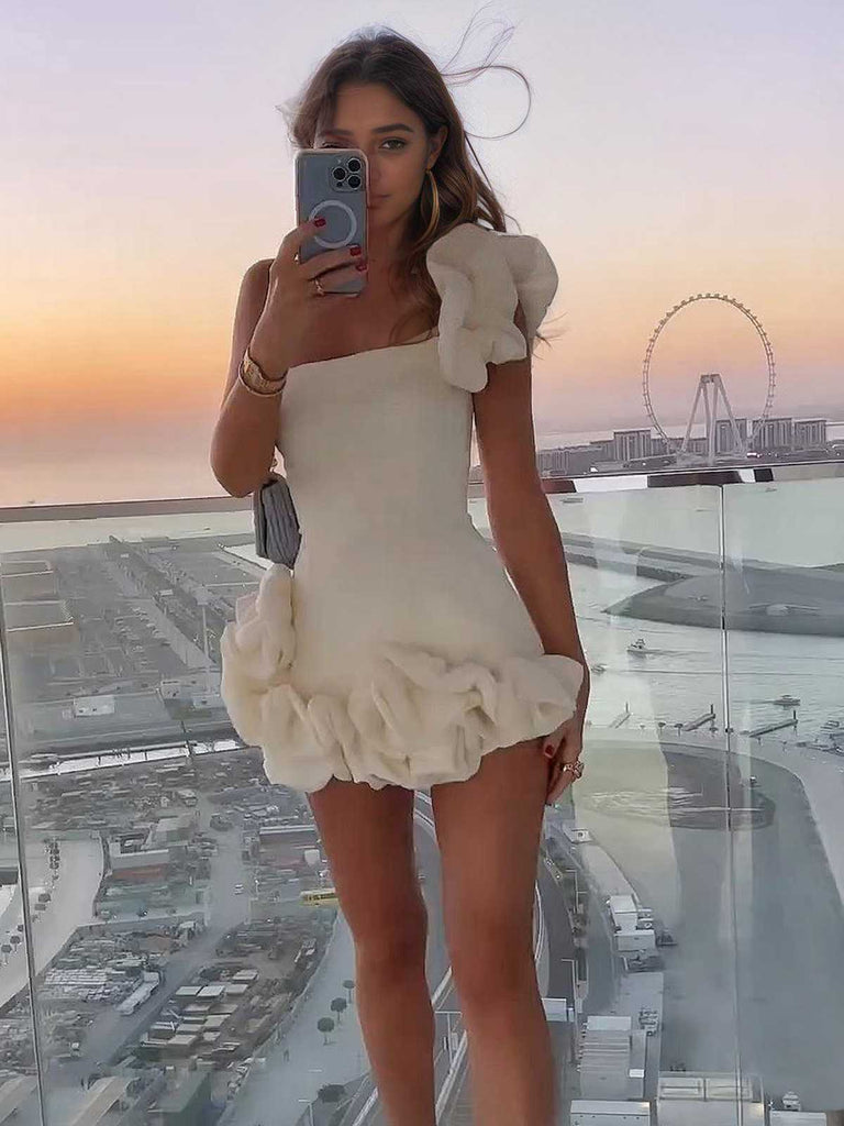 She slips into this 1980s Solid One-Shoulder 3D Flower Mini Dress and suddenly it's a 1980s daydream