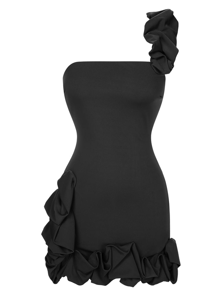 1980s Solid One-Shoulder 3D Flower Mini Dress, vintage dress, retro fashion - perfect for women who love vintage and retro fashion
