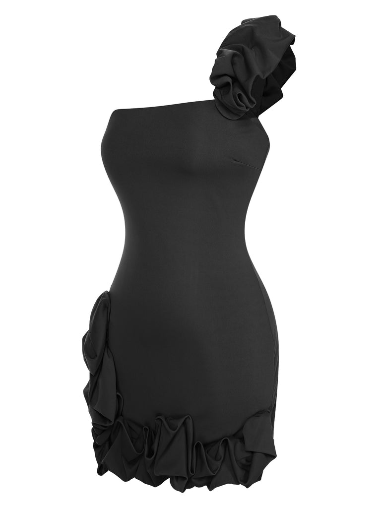 1980s Solid One-Shoulder 3D Flower Mini Dress, vintage dress, retro fashion - perfect for women who love vintage and retro fashion