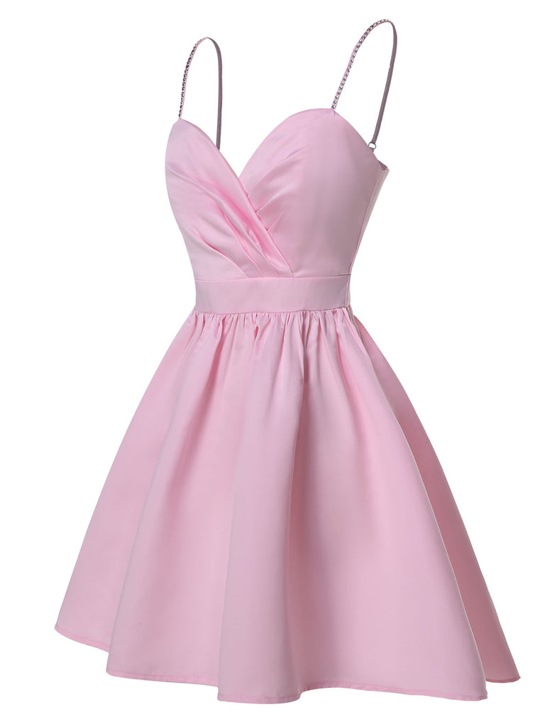 1980s Solid Rhinestone Straps Puffy Dress: where 1980s romance meets her modern spirit