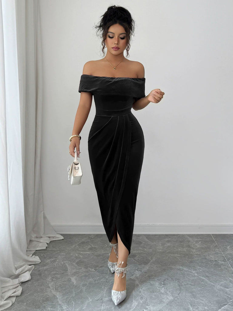 Burgundy Velvet Long Dress Women's Off-Shoulder Ruched Slit Dress | Valentine's Day Date Night Outfits Burgundy Velvet Long Dress Women's Off-Shoulder Ruched Slit Dress | Valentine's Day Date Night Outfits
