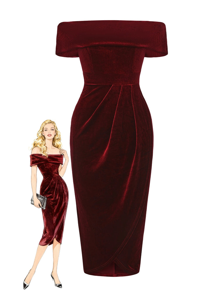 burgundy off the shoulder midi dress Burgundy Velvet Long Dress Women's Off-Shoulder Ruched Slit Dress main image 1