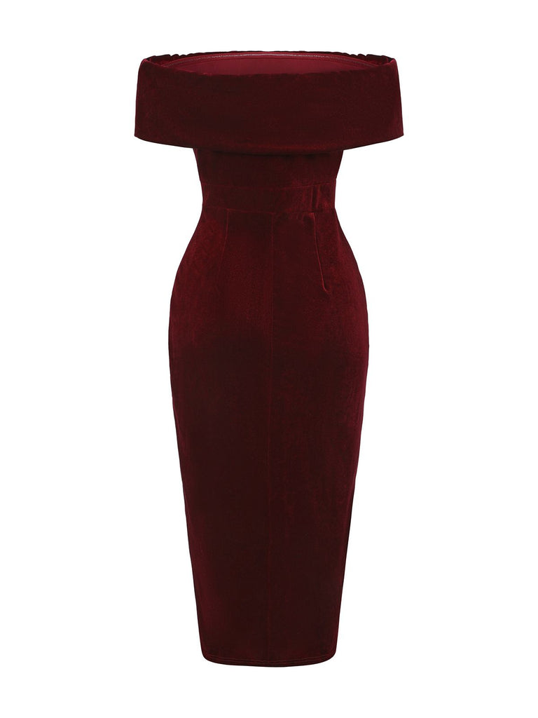 velvet off the shoulder midi dress Burgundy Velvet Long Dress Women's Off-Shoulder Ruched Slit Dress
