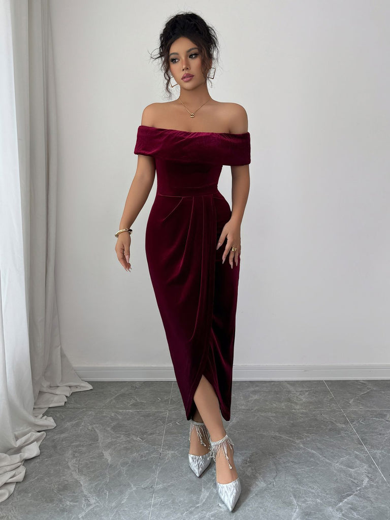 burgundy off the shoulder midi dress Burgundy Velvet Long Dress Women's Off-Shoulder Ruched Slit Dress