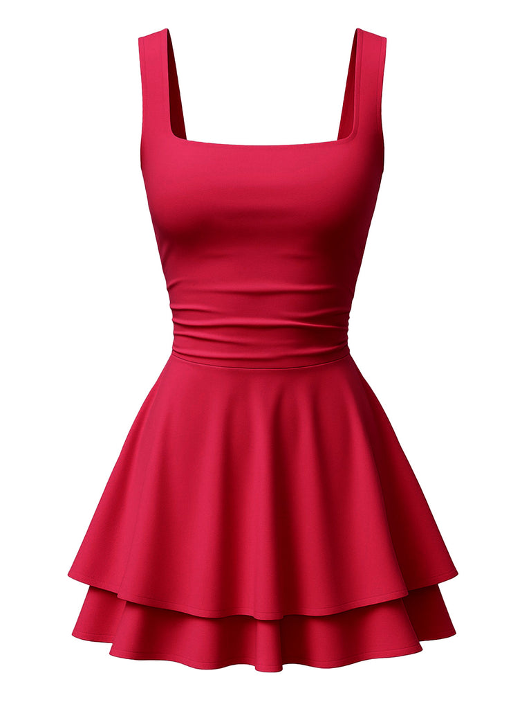 1980s Square Neck Ruched Tiered Solid Dress - vintage dress, retro fashion, elegant red