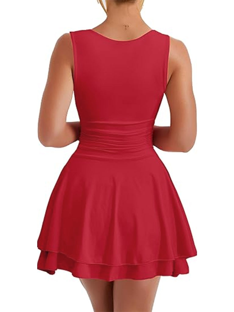 1980s Square Neck Ruched Tiered Solid Dress - vintage dress, retro fashion, elegant red