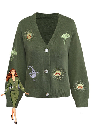 1980s Sun Moon Embroidered Lantern Sleeve Knitted Cardigan - vintage fashion, retro style, elegant red