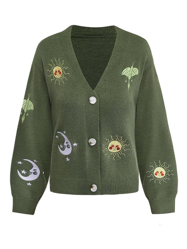 1980s Sun Moon Embroidered Lantern Sleeve Knitted Cardigan | Retro