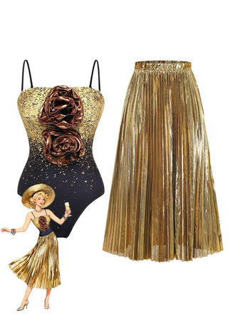 2PCS Gold 1980s Sequined 3D Floral Swimsuit & Cover-Up - vintage swimsuit, pin-up style, glamorous gold
