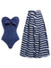 2PCS 1980s Strapless Denim Bow Swimsuit & Striped Cover-Up - vintage swimsuit, pin-up style