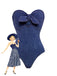 2PCS 1980s Strapless Denim Bow Swimsuit & Striped Cover-Up - vintage swimsuit, pin-up style