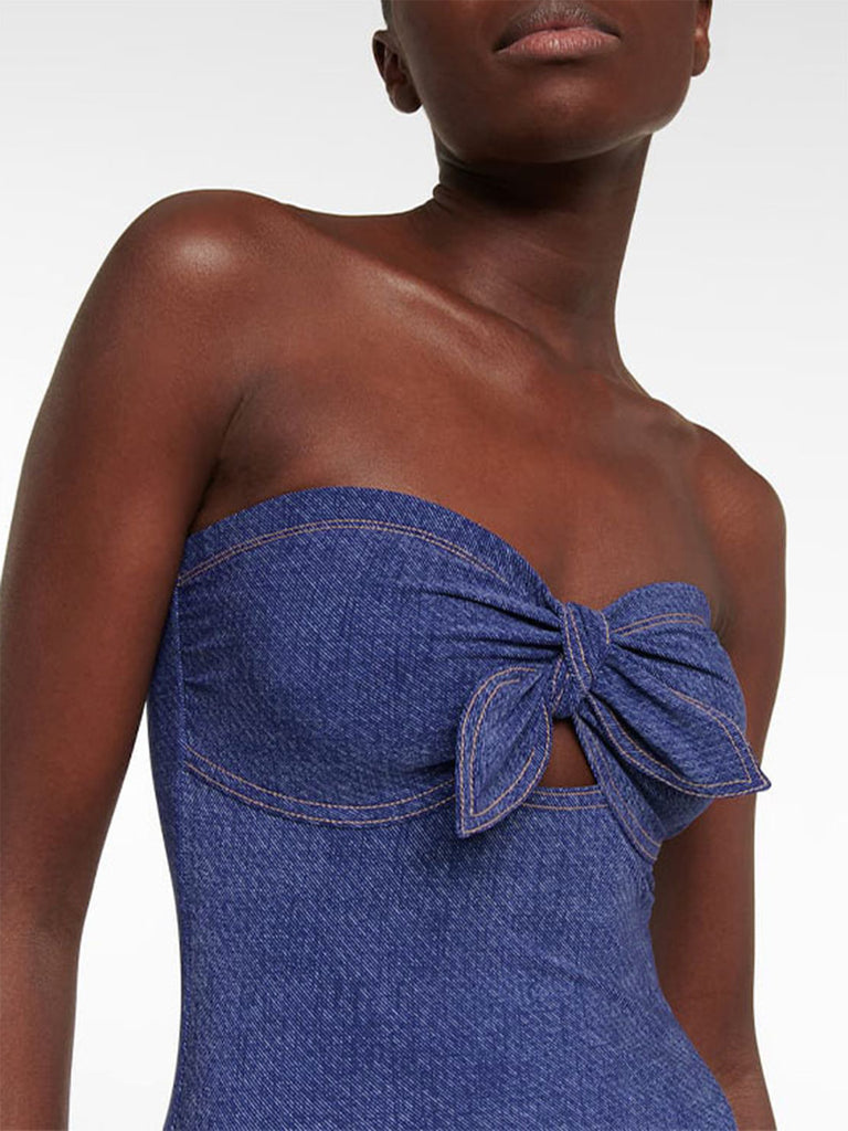 2PCS 1980s Strapless Denim Bow Swimsuit & Striped Cover-Up - vintage swimsuit, pin-up style