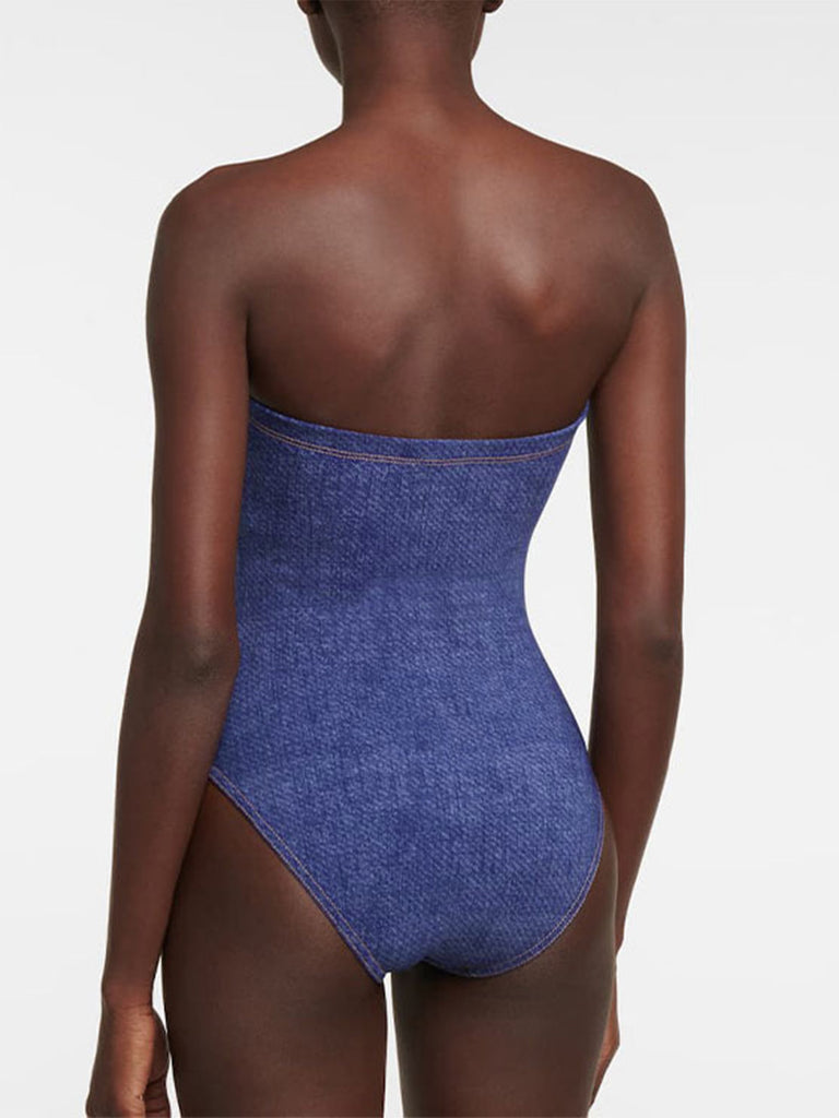 2PCS 1980s Strapless Denim Bow Swimsuit & Striped Cover-Up - vintage swimsuit, pin-up style
