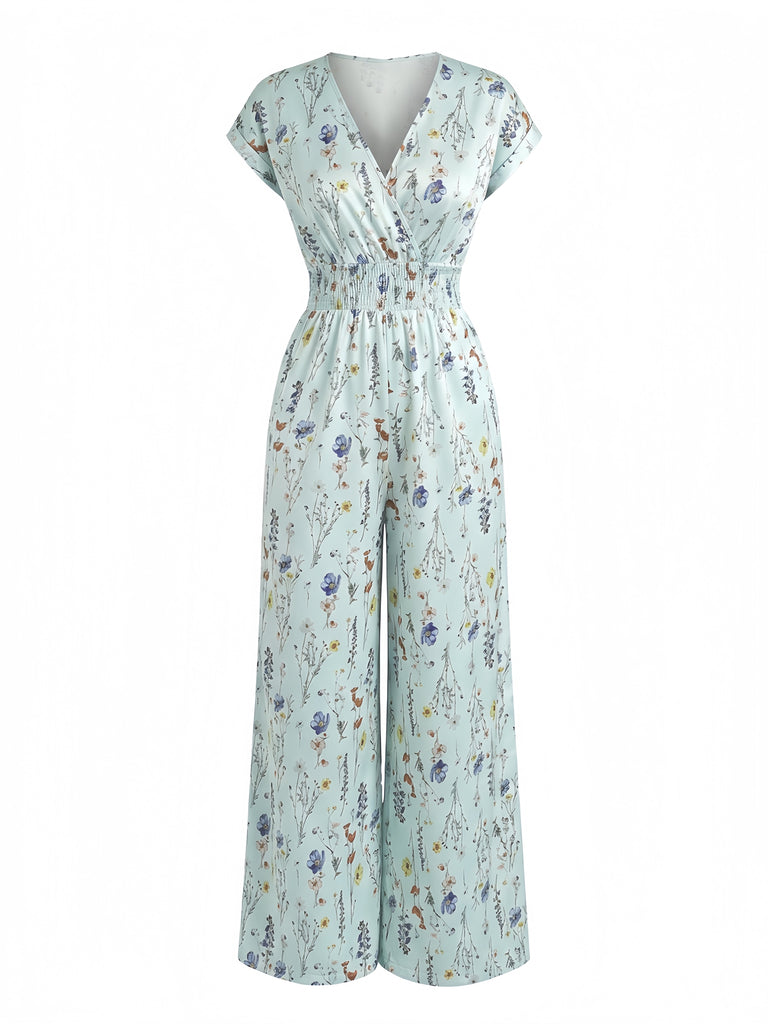 1970s Boho Floral V-Neck Cap Sleeve Wide Leg Jumpsuit | Retro Stage