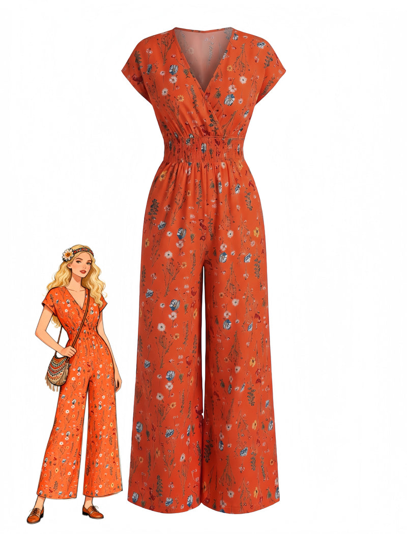 1970s Boho Floral V-Neck Cap Sleeve Wide Leg Jumpsuit | Retro Stage