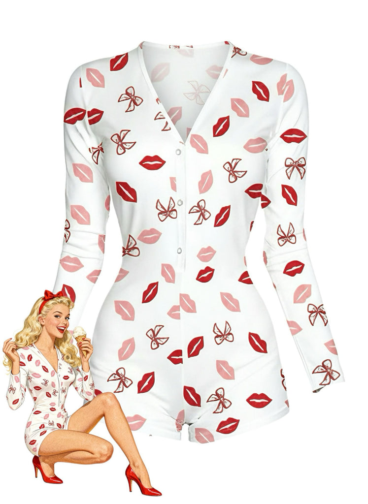 1980s V-Neck Heart Slip Print Romper Pajama - vintage jumpsuit, retro fashion
